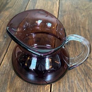 Vintage Hand Blown Amethyst Glass Pitcher Vase Applied Clear Handle Art Glass